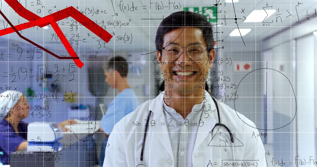 Asian Doctor Analyzing Complex Data and Mathematical Models