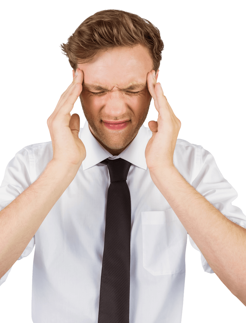 Transparent Young Businessman Experiencing Headache from Stressful Work