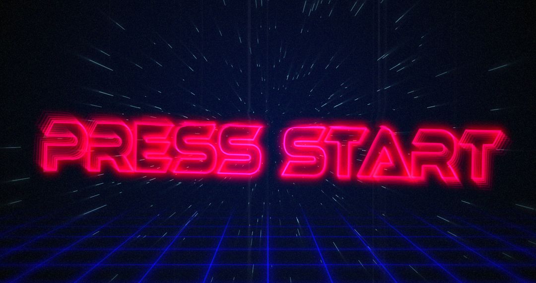 Retro Press Start Text with Neon Grid and Hyperspace Effect