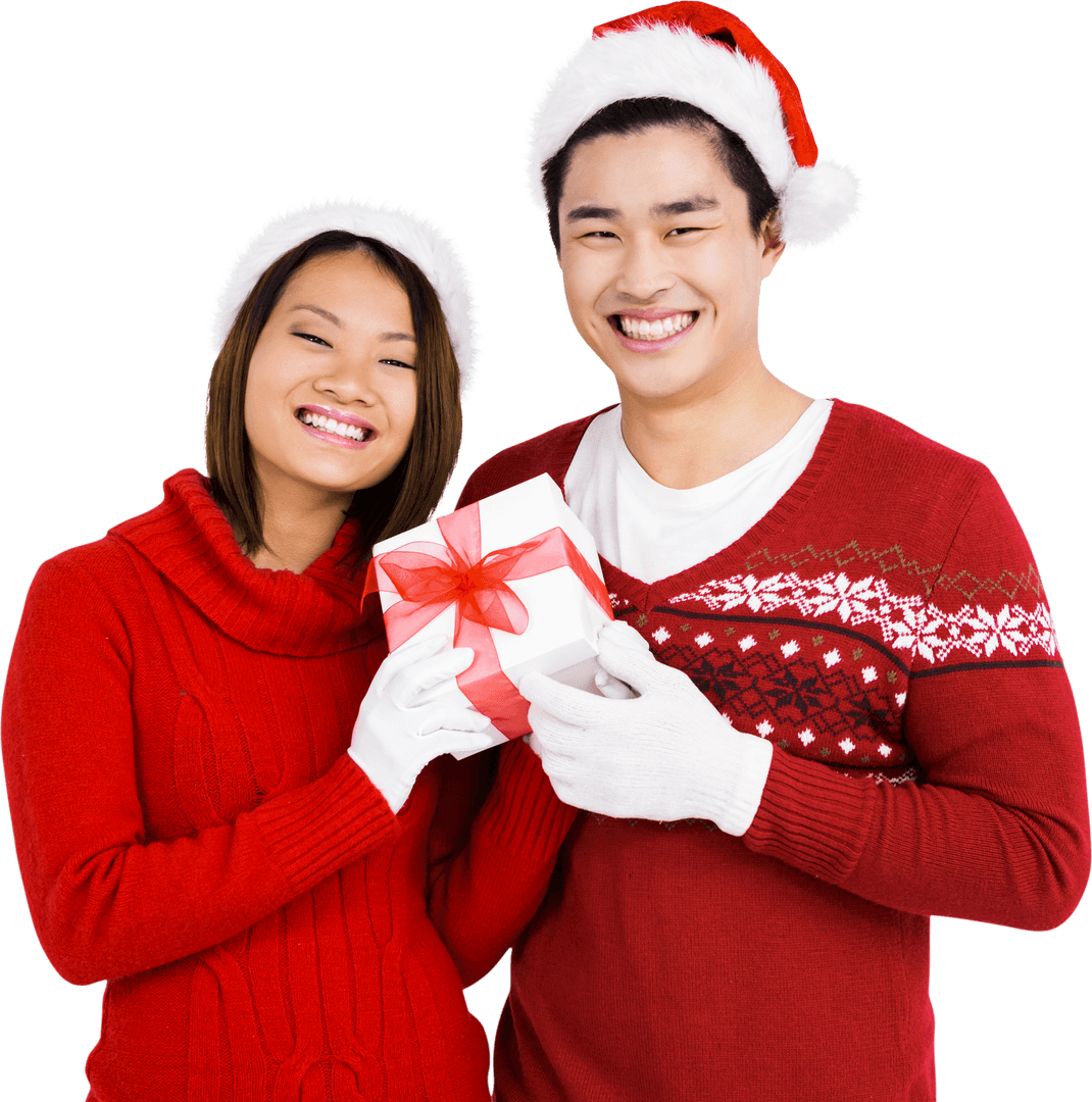 Smiling Couple in Transparent Christmas Outfits Holding Gift