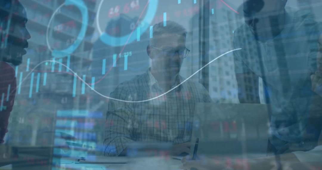 Team Collaboration in Modern Office with Data Overlay