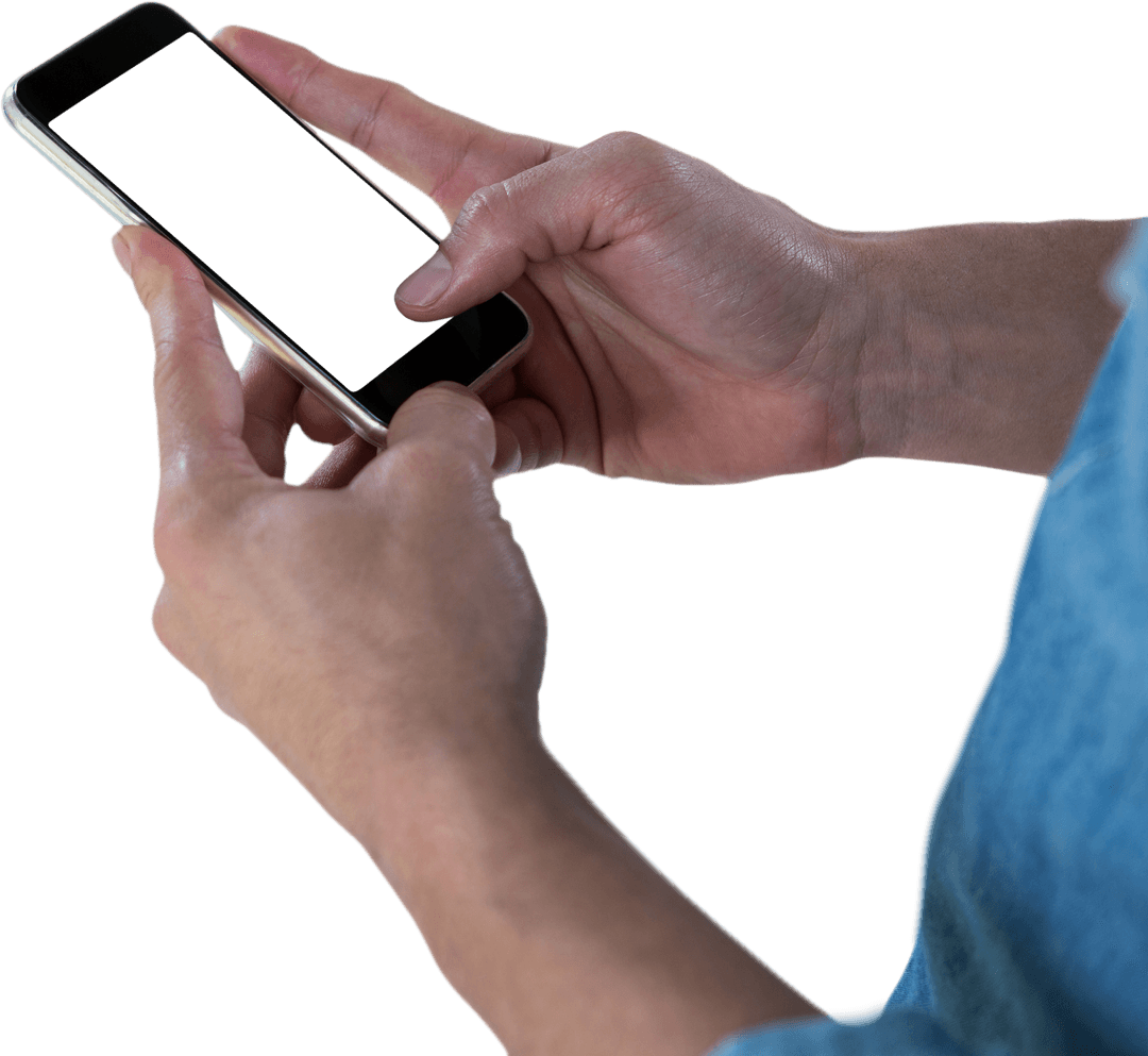 Close-up of Hands Holding Smartphone with Transparent Background