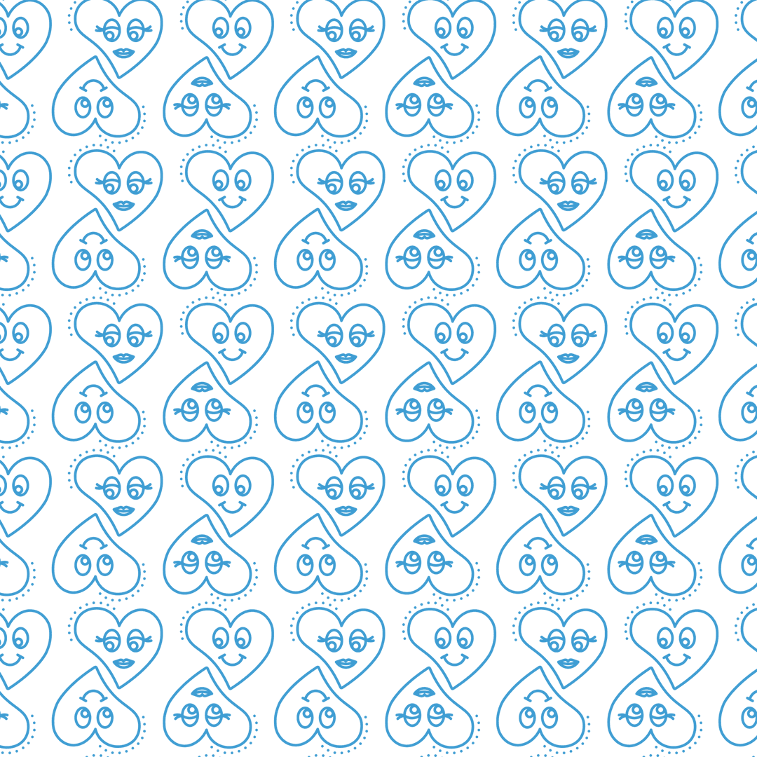 Whimsical Blue Hearts With Faces Pattern on Transparent Background