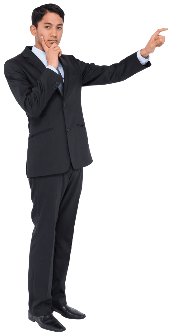 Pensive Biracial Businessman Pointing Gesture on Transparent Background