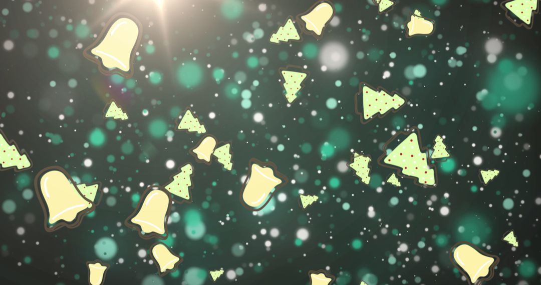 Festive Christmas Bells and Trees Against Twinkling Light Backdrop