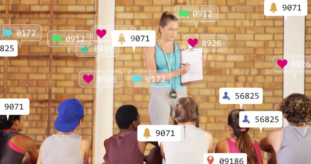 Coach Leading Gym Class with Social Media Engagement