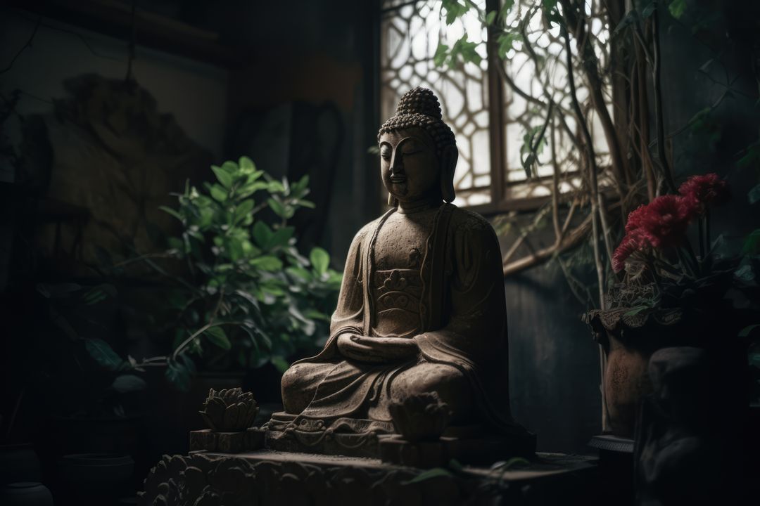 Buddha Statue in Tranquil Room with Natural Light and Indoor Plants - Free Images, Stock Photos and Pictures on Pikwizard.com