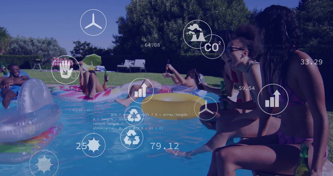 Friends Socializing by Backyard Pool with Floating Infographics