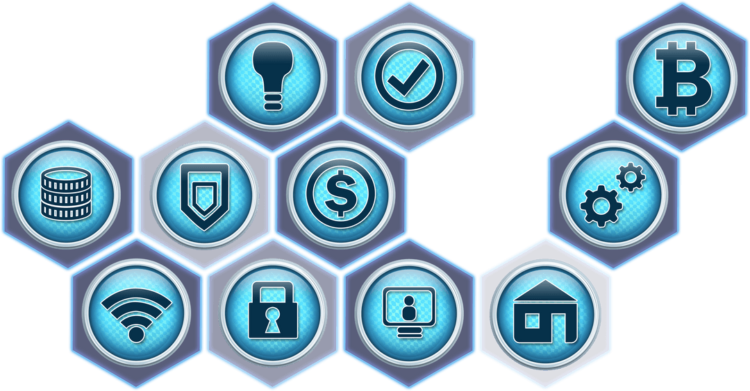 Transparent Hexagon Business Technology Icons Set Close-up