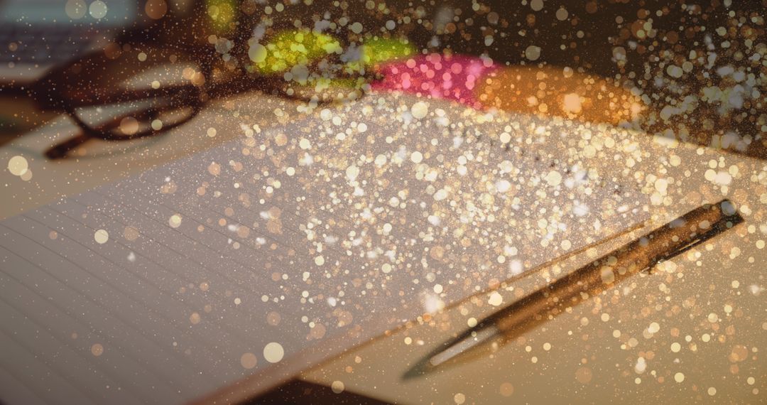 Notebook and Pen with Festive Bokeh Lights Overlay