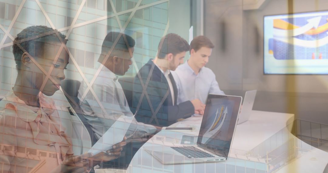 Global Business Concepts with Diverse Team Analyzing Data in Modern Office