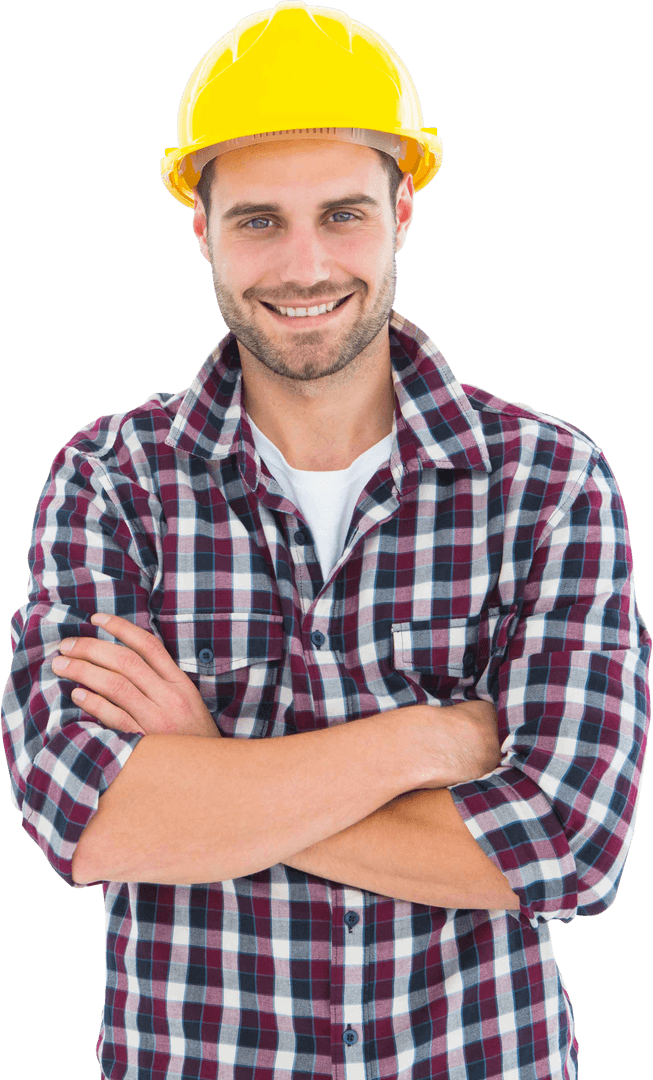 Confident Male Construction Worker Smiling with Arms Folded on Transparent Background