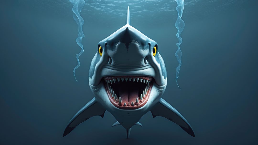 Predatory megalodon shark deep in ocean with open jaws and bubbles