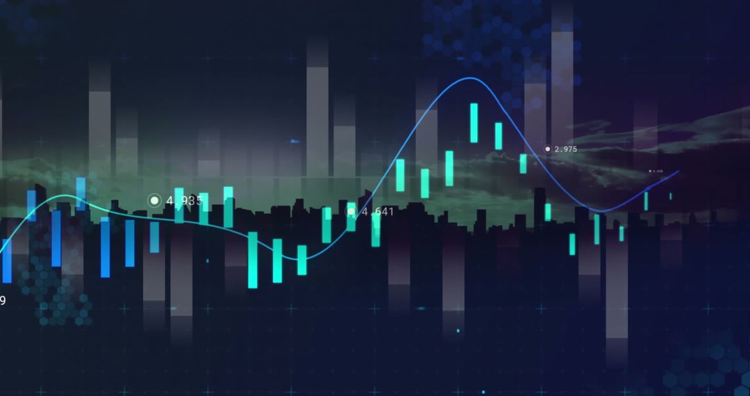 Financial Data Over Cityscape with Glowing Graph Lines