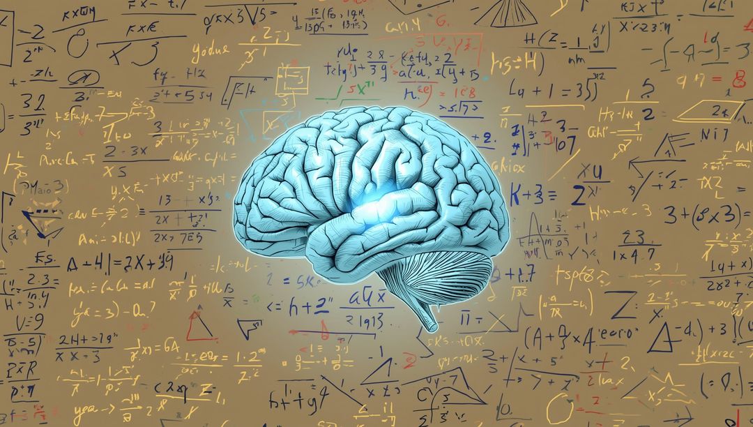 Floating Brain Among Scientific Formulas Symbolizing Creativity and Intelligence