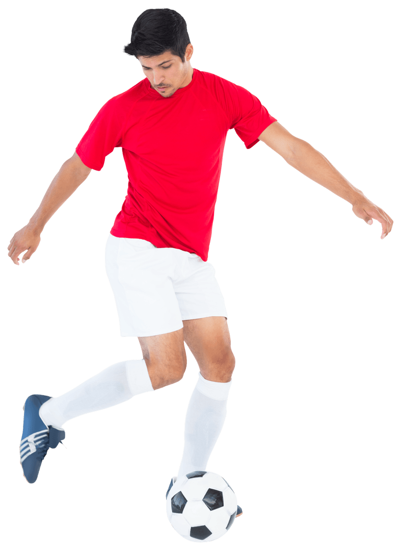 Hispanic Footballer in Action with Soccer Ball on Transparent Background