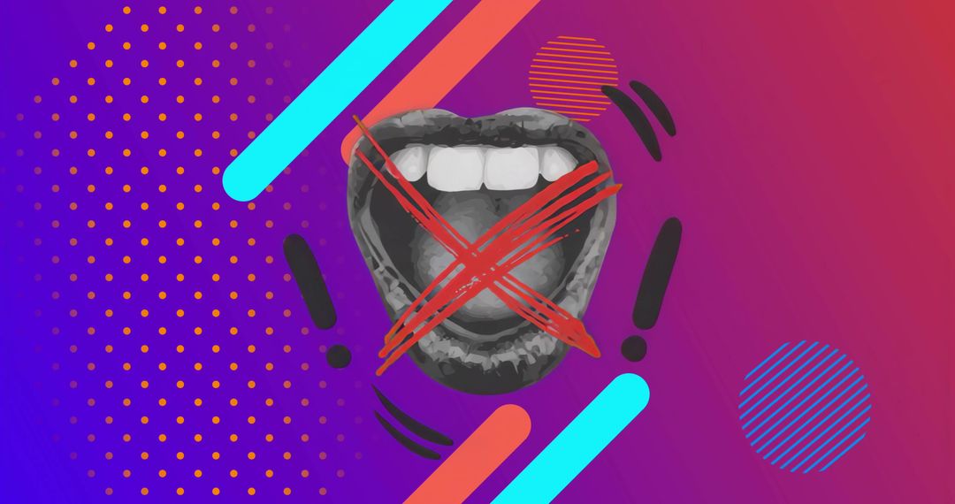Silenced Voice Concept Showing Crossed-Out Mouth on Neon Geometric Background