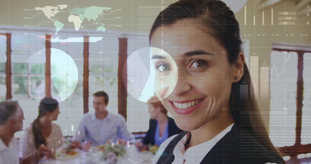 Smiling Waitress with Futuristic Data Interface in Restaurant