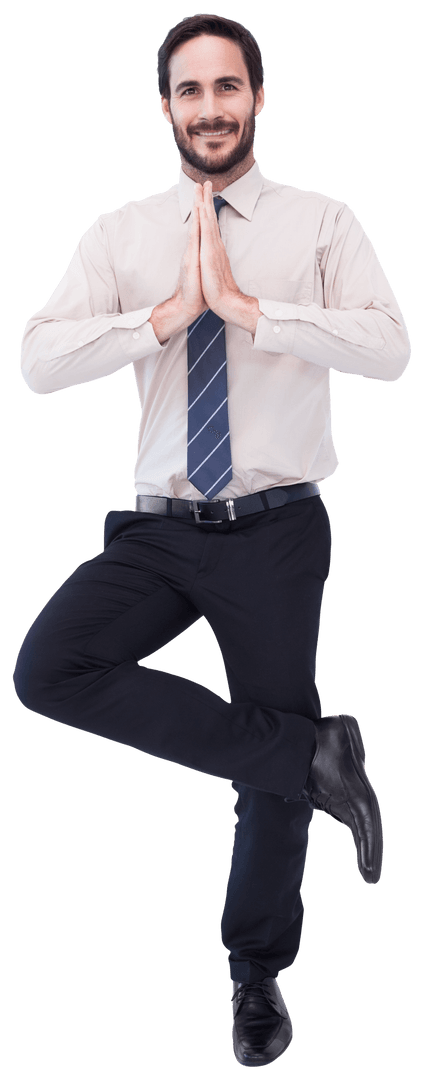 Transparent Businessman Practicing Tree Pose with Smile