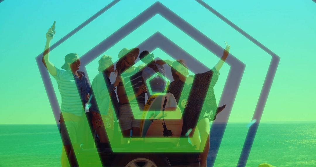 Friends Enjoying Beach Day with Car and Drinks Under Sunlit Sky