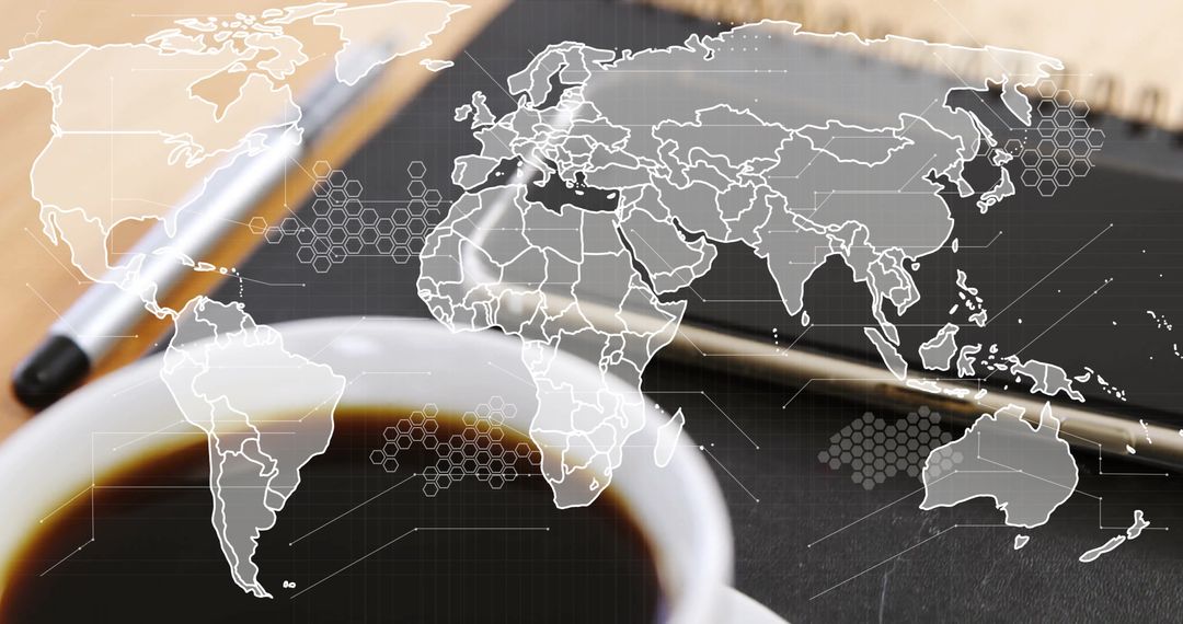 World Map Overlay on Laptop and Coffee Depicting Global Business Concept