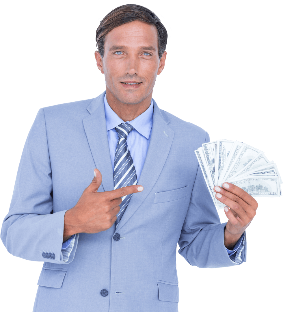 Businessman Displaying Prosperity with Transparent Background and Cash