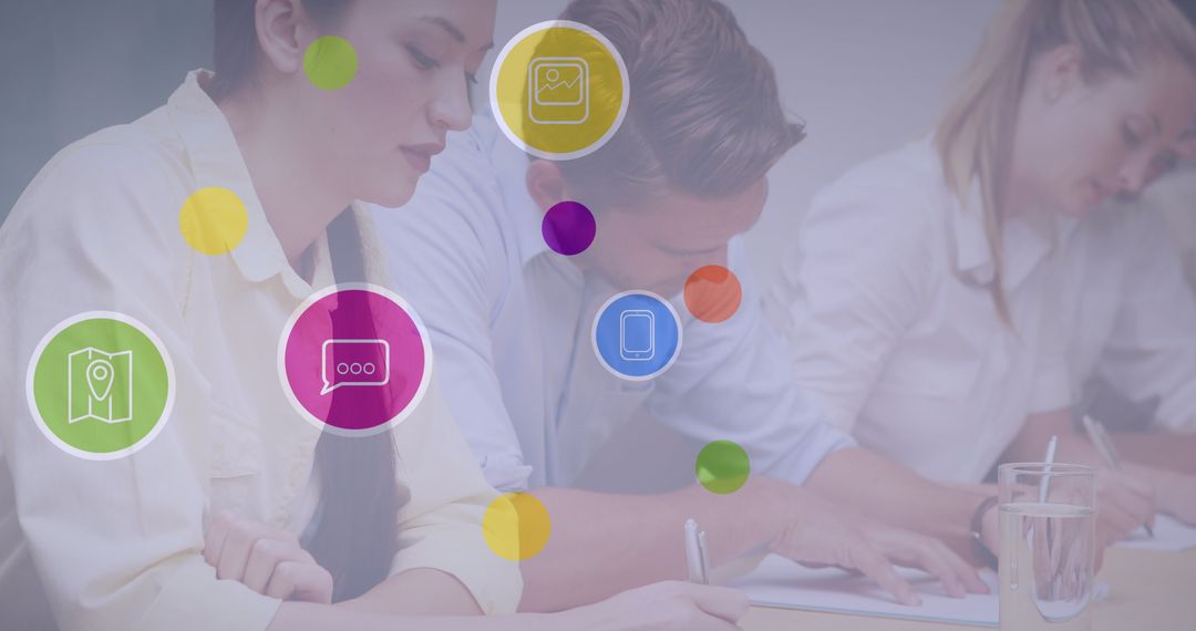 Network of Digital Icons Over Collaborative Business Meeting