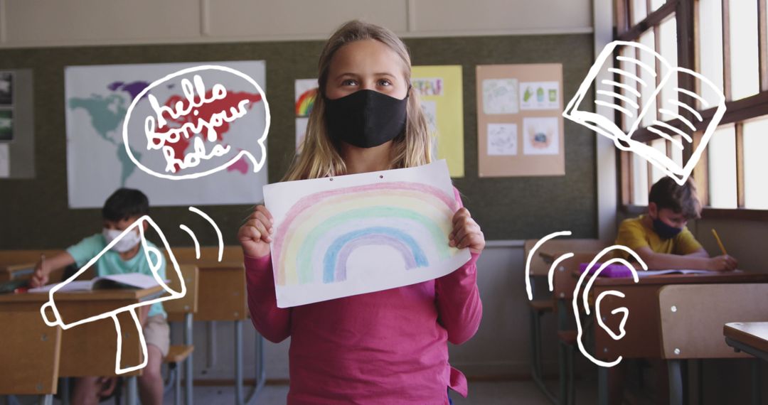 Masked Schoolgirl Holding Rainbow Art in Classroom - Free Images, Stock Photos and Pictures on Pikwizard.com