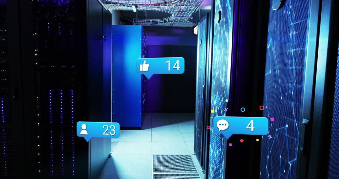 Glowing Data Center Interior with Virtual Social Media Overlays