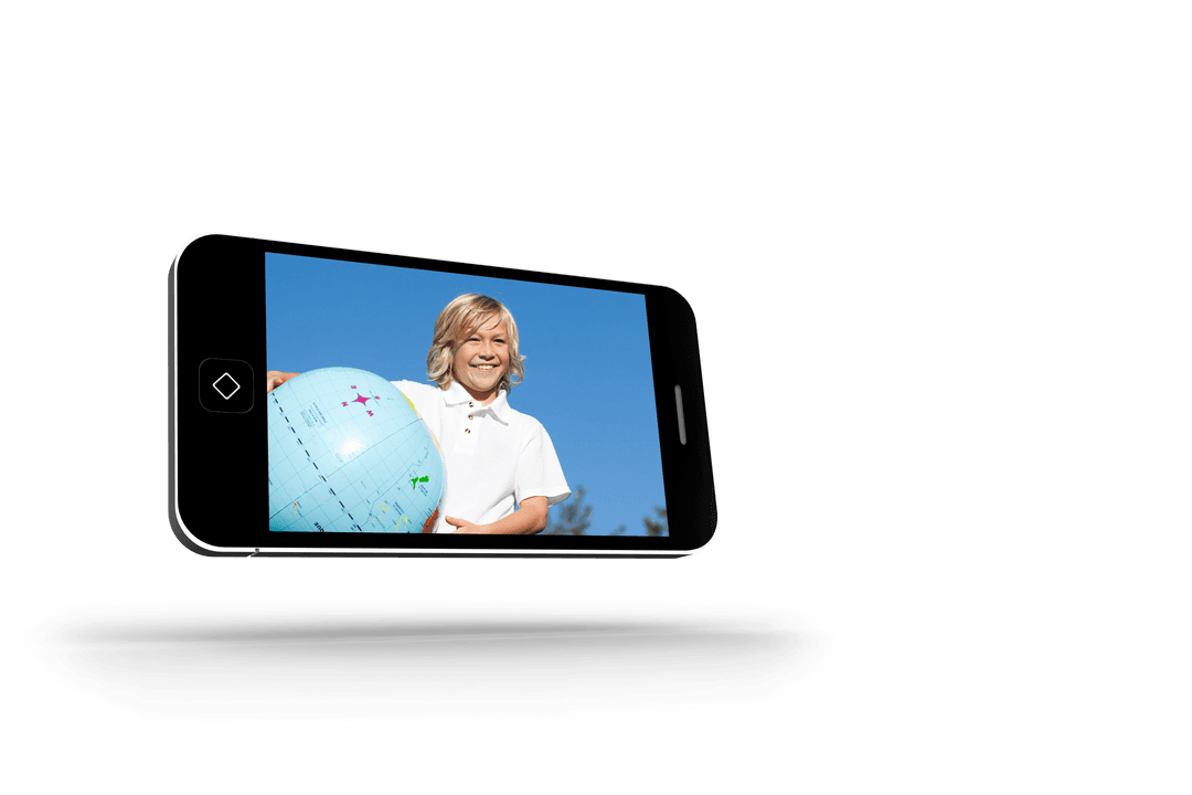 Transparent Smartphone Showing Smiling Boy with Globe