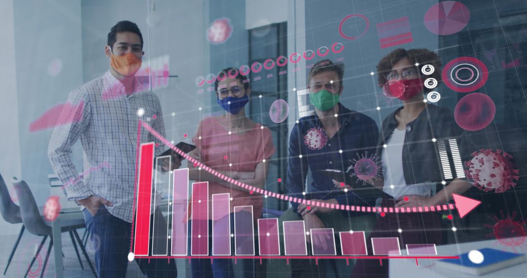 Office Team Analyzing COVID-19 Statistics with Face Masks