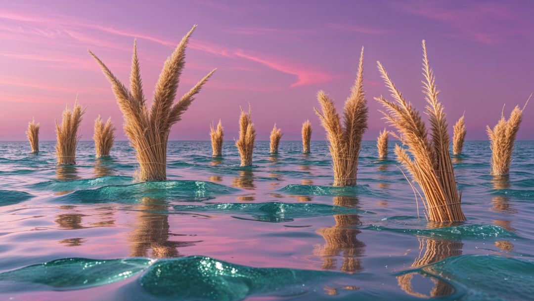 Surreal Reeds in Ocean at Dusk with Pastel Skies