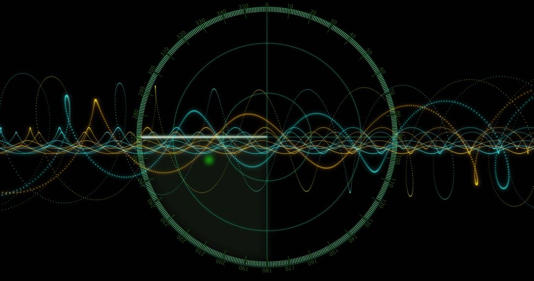 Futuristic radar HUD with neon waveform telemetry, concentric rings and scanning crosshair blip