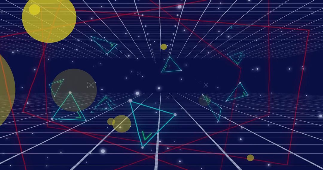 Digital Grid with Geometric Shapes and Light Spots Representing Data Flow