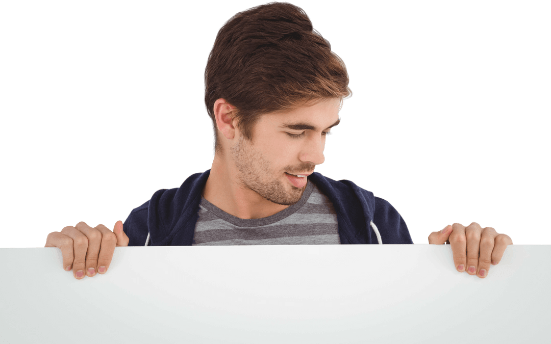 Caucasian Man Holding Blank Sign on Transparent Background