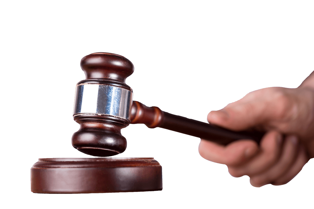 Caucasian Hand Holding Auction Gavel on Transparent Layer