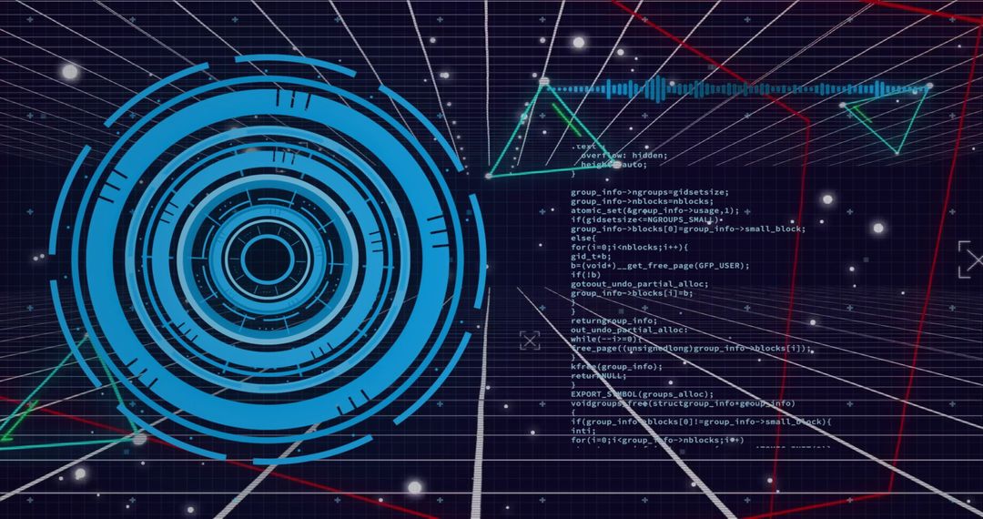Futuristic Digital Interface with Code Overlay and Geometric Hologram