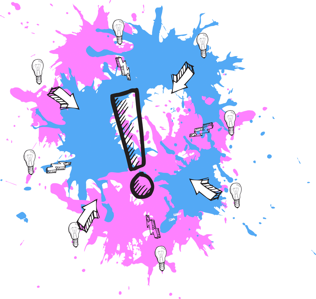 Creative Exclamation Mark with Arrows and Light Bulbs on Transparent