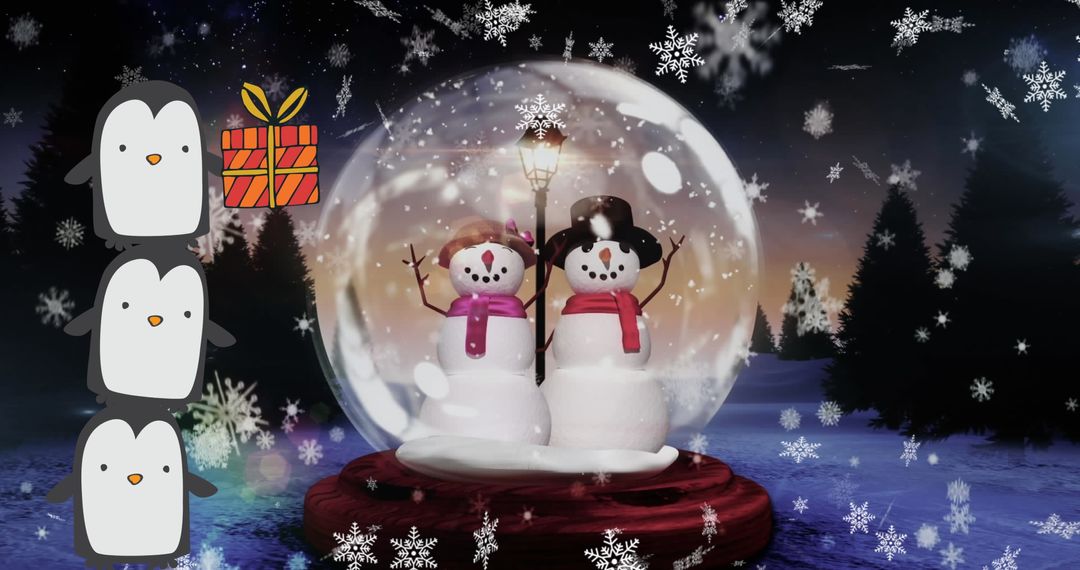 Charming Winter Scene with Snowmen Globe and Penguins