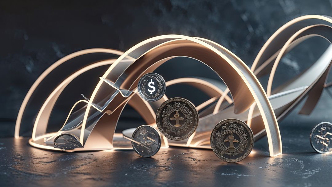 Futuristic Cryptocurrency Coins with Glowing Neon Arches