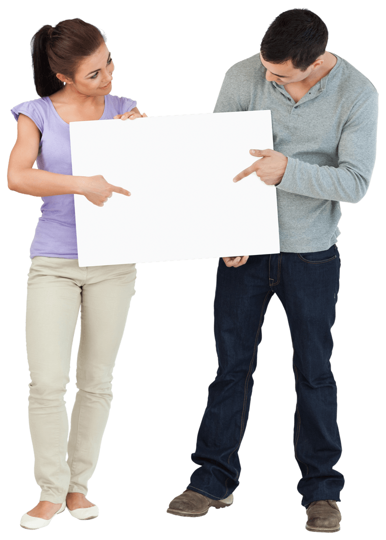 Couple Holding and Pointing at Blank Transparent Sign
