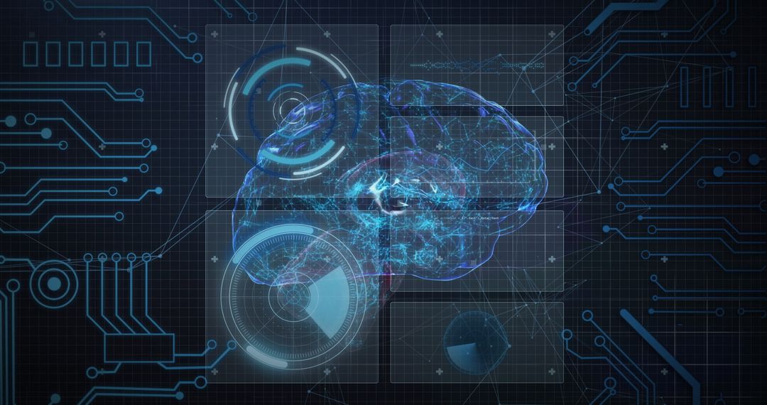 Futuristic Holographic Brain with HUD Graphics on Interface