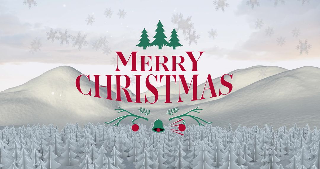 Merry Christmas Message Over Snowy Landscape with Falling Snowflakes