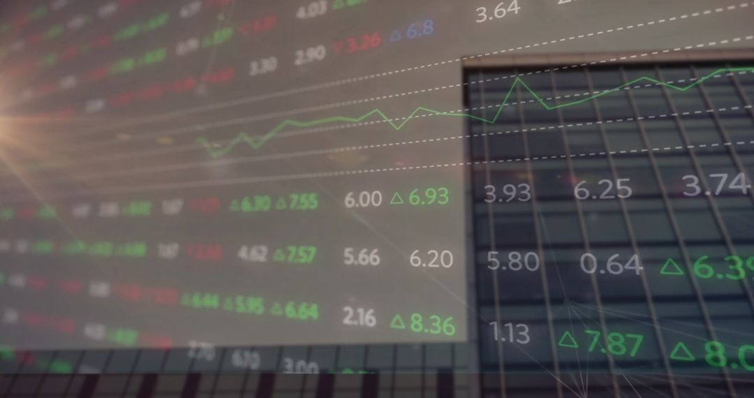 Financial Data Overlay on Skyscraper, Symbolizing Global Business