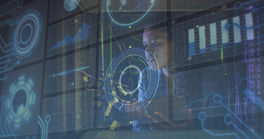 Woman analyzing data using holographic HUD and interactive dashboards in futuristic lab