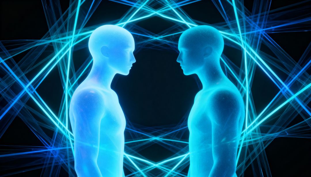 Facing Holographic Figures Converging in Neon Blue Energy Grid and Geometric Light