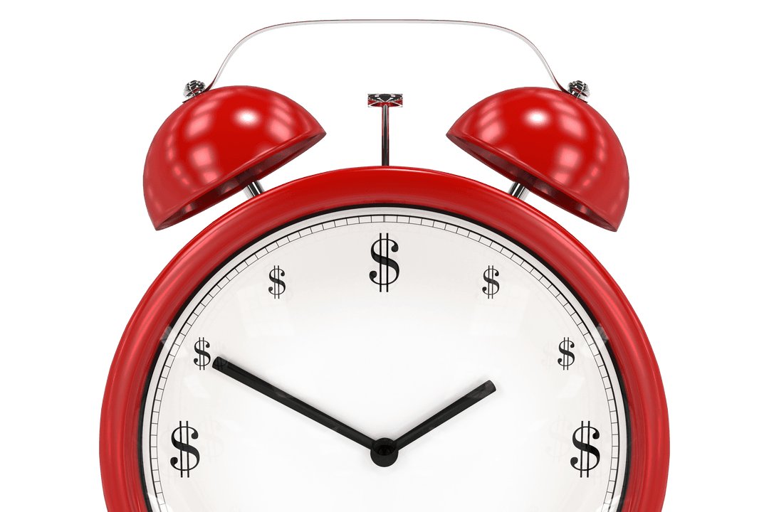 Transparent Red Alarm Clock with Dollar Symbols Signifying Time and Money
