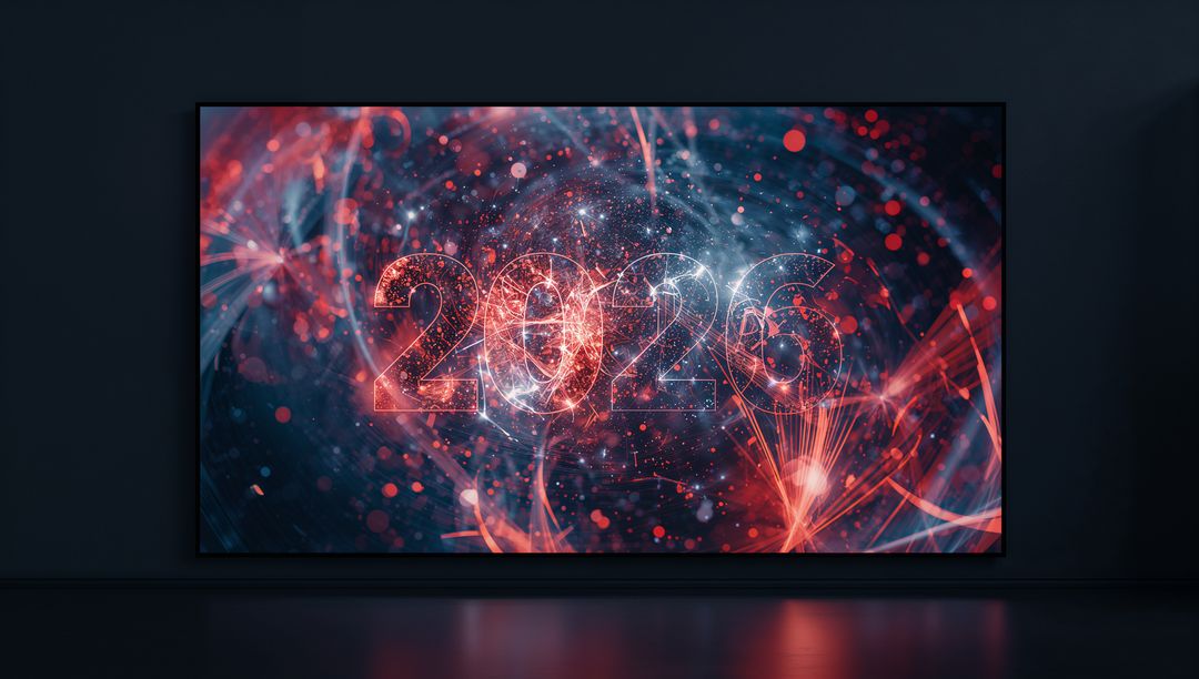 2026 Neon Vortex Glowing on Gallery Wall Display, Futuristic Abstract Tech Background