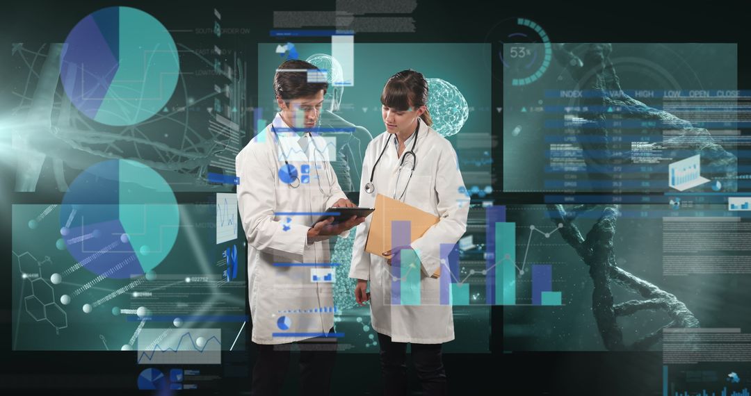Doctors Analyzing Data with Futuristic Digital Interface