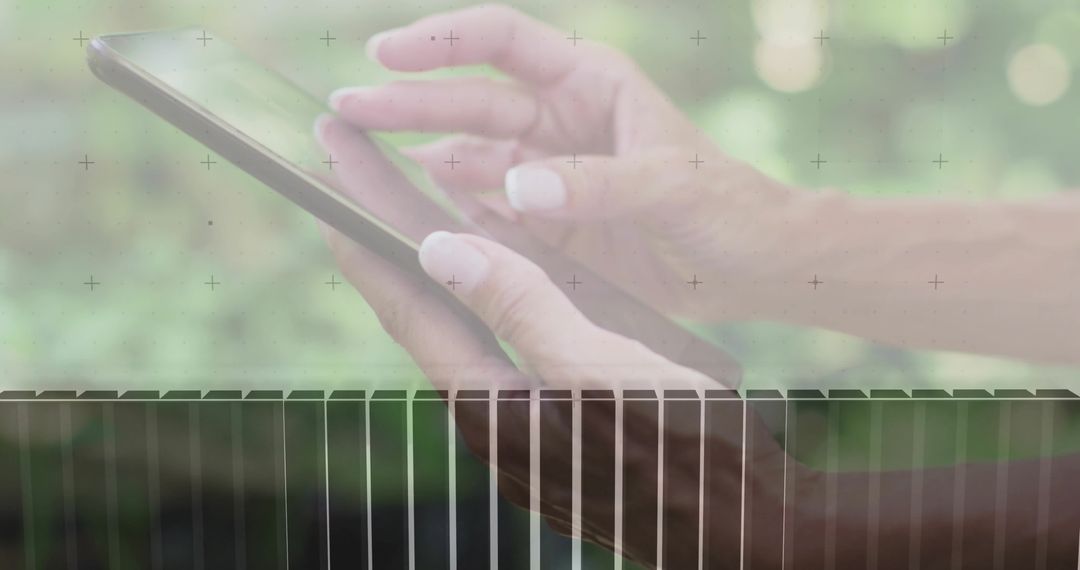 Mature woman tapping tablet on railing with digital bar and grid overlay, soft bokeh double exposure